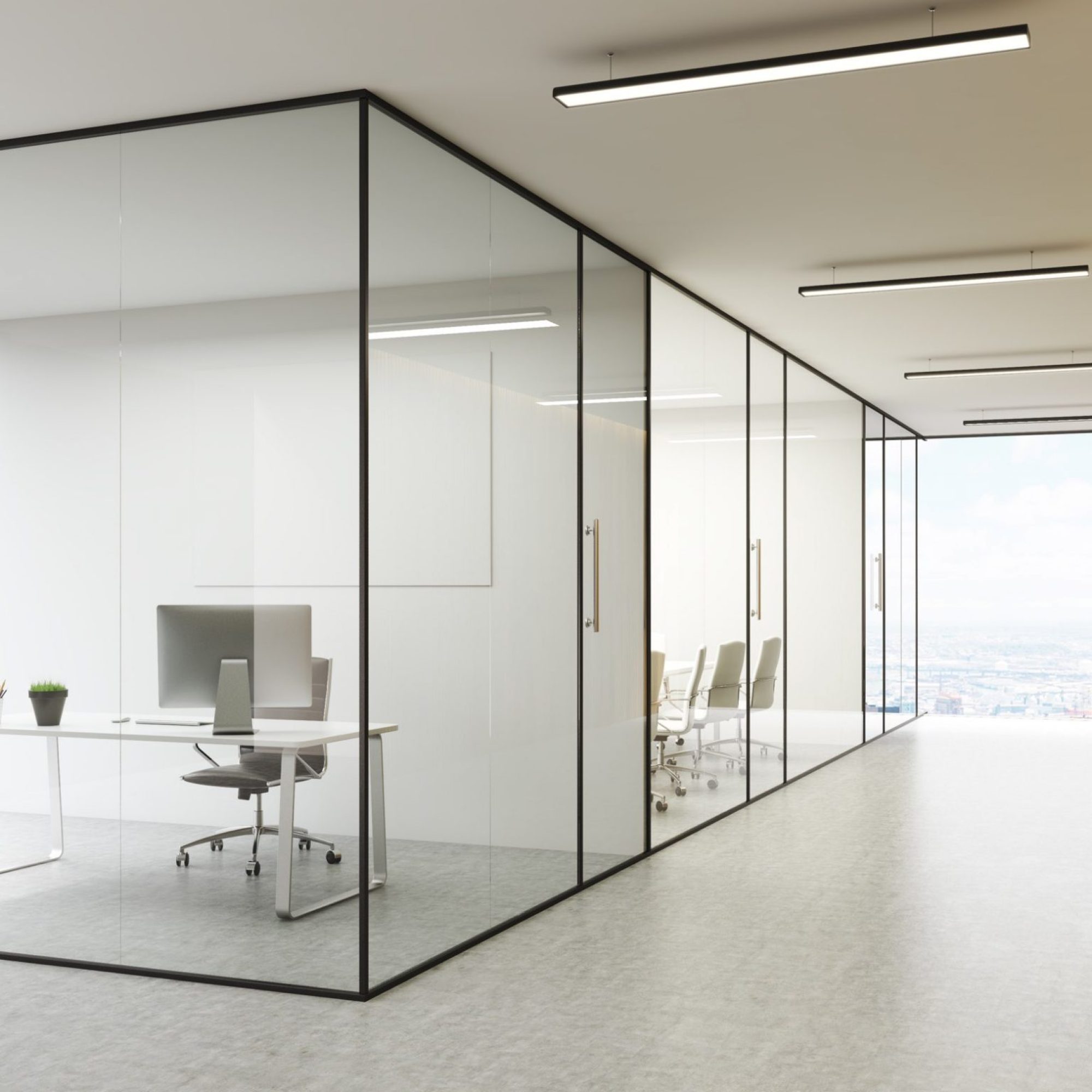 Side,View,Of,Office,Interior,With,Blank,Whiteboard,Behind,Glass